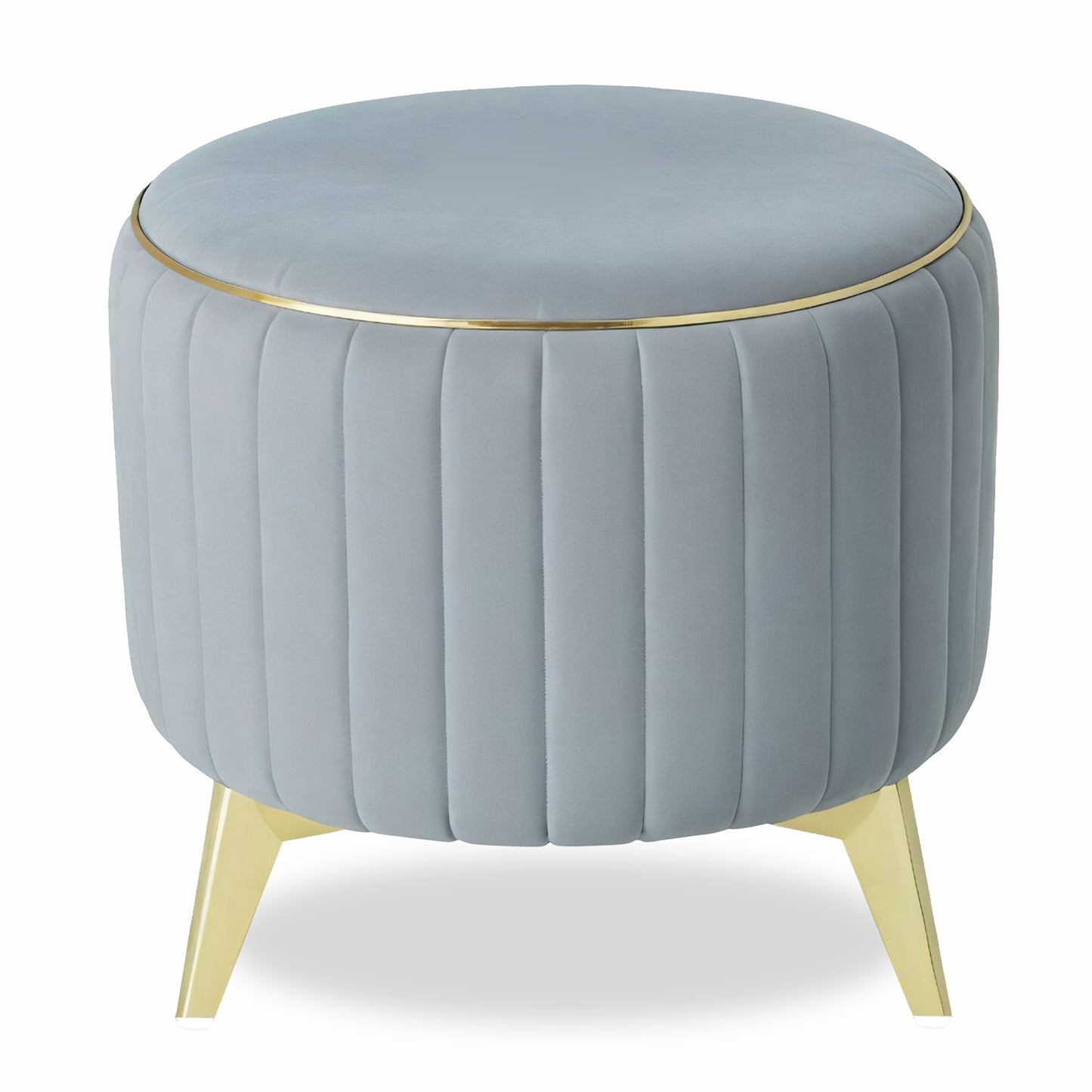 Adorn India Olivia Round 1 Seater Ottoman Pouffe Striped Pattern with Velvet Suede Fabric (Grey)