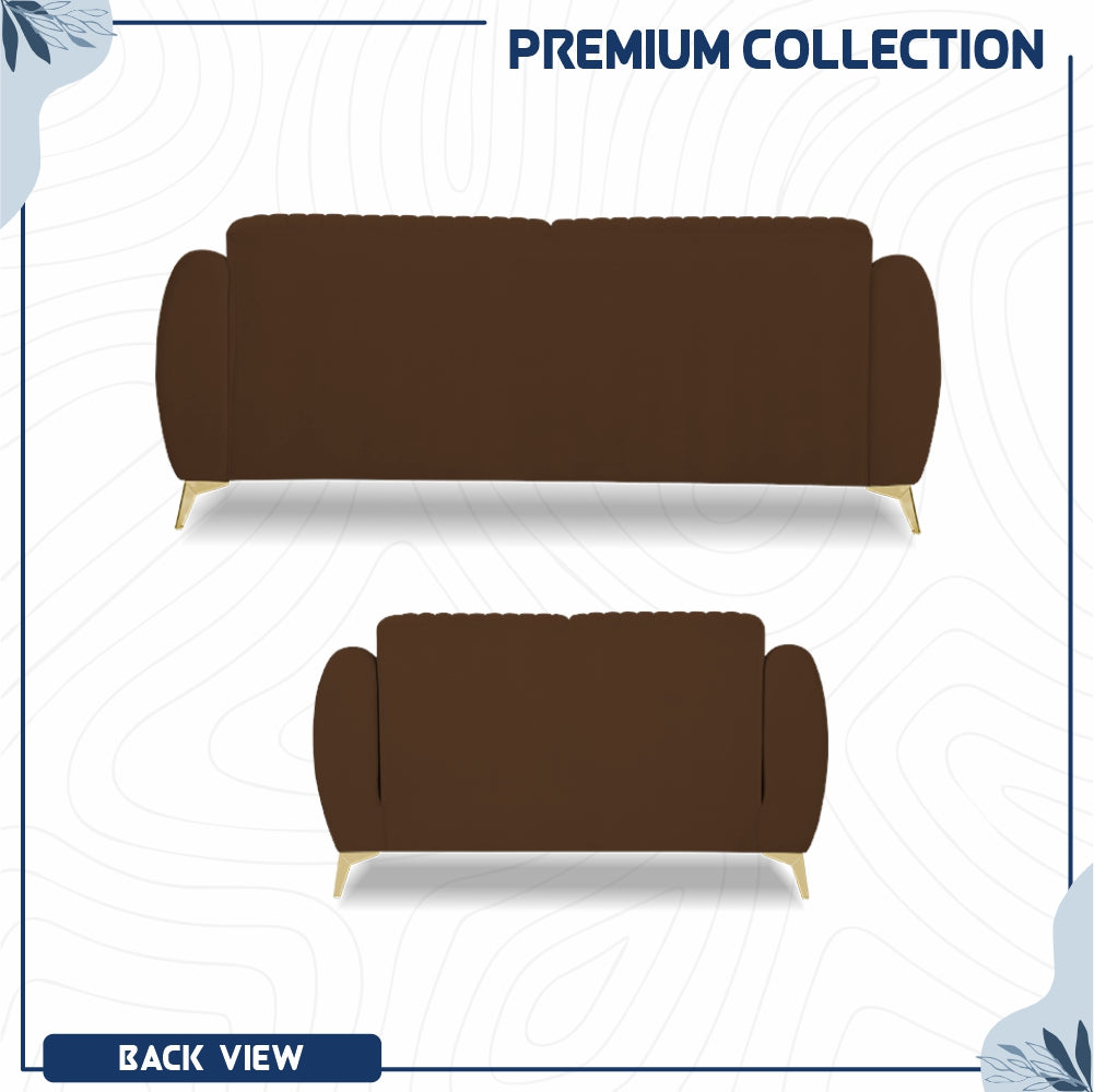 Adorn India Premium Valentino 3-2 Sofa Set | Velvet Suede Fabric | 3-Year Warranty | Color Brown with Golden Legs & Striped Pattern Cushion