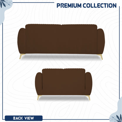 Adorn India Premium Valentino 3-2 Sofa Set | Velvet Suede Fabric | 3-Year Warranty | Color Brown with Golden Legs & Striped Pattern Cushion