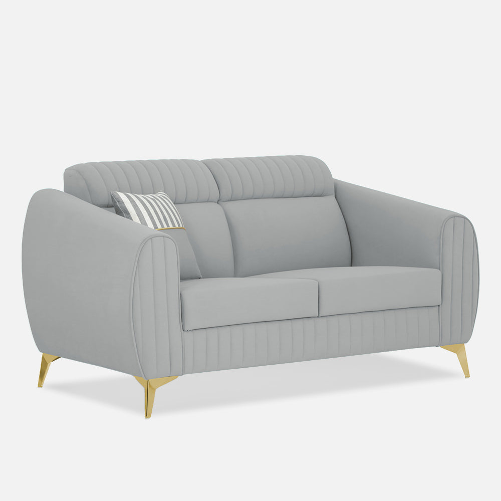 Adorn India Premium Valentino 2 Seater Sofa | Velvet Suede Fabric | 3-Year Warranty | Color Grey with Golden Legs & Striped Pattern Cushion