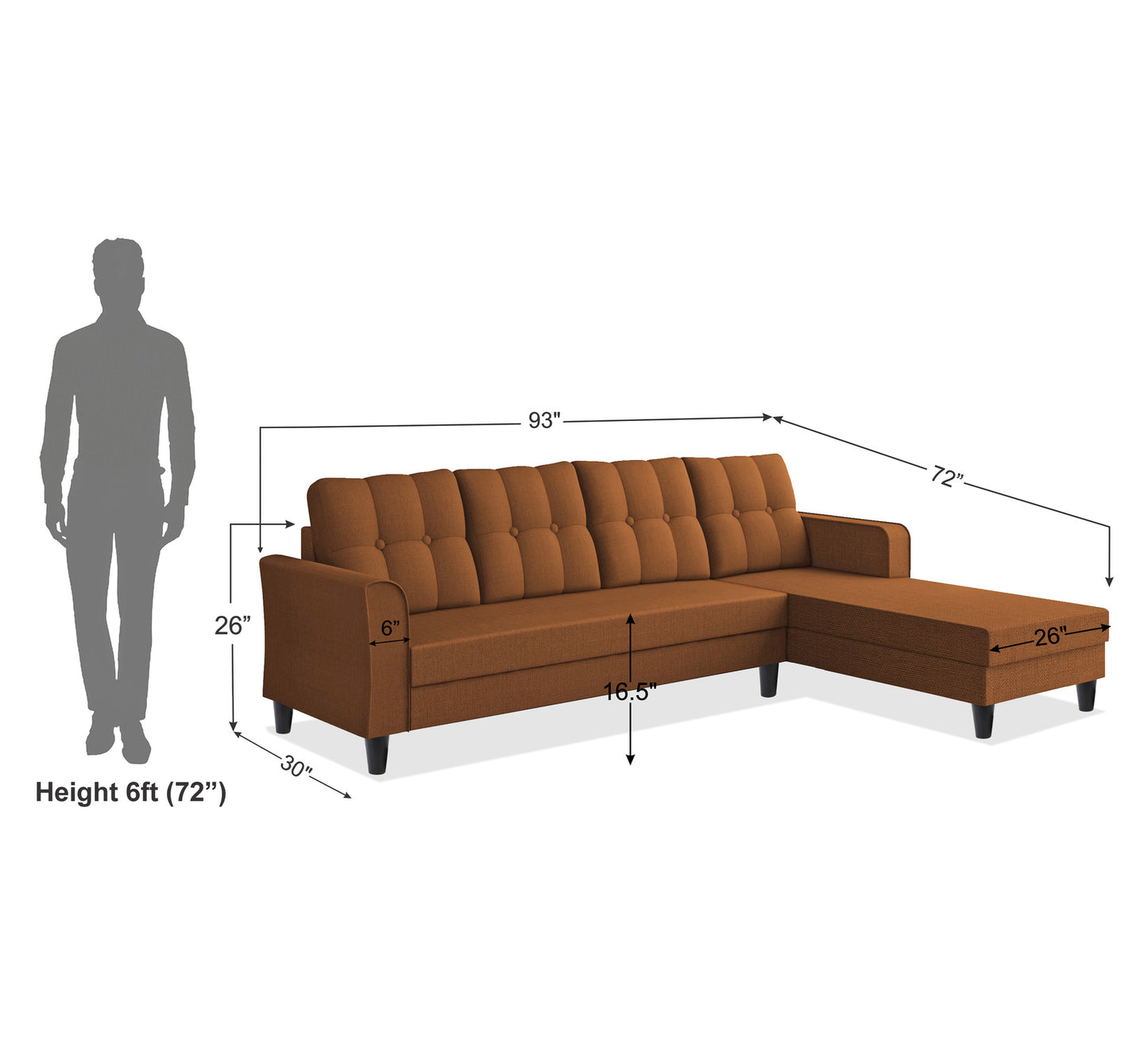 Adorn India Maddox Tufted L Shape 5 Seater Sofa Set RHS (Rust) (3 Year Warranty)