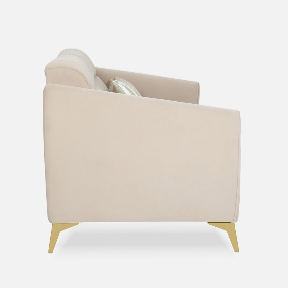 Adorn India Premium Valentino 3 Seater Sofa | Velvet Suede Fabric | 3-Year Warranty | Color Beige with Golden Legs & Striped Pattern Cushion