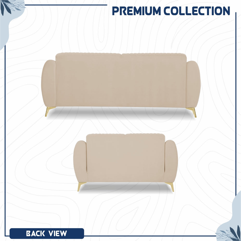 Adorn India Premium Valentino 3-2 Sofa Set | Velvet Suede Fabric | 3-Year Warranty | Color Beige with Golden Legs & Striped Pattern Cushion