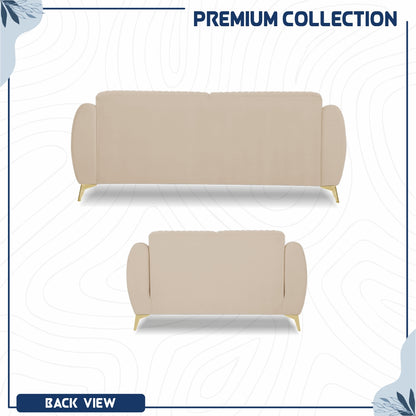 Adorn India Premium Valentino 3-2 Sofa Set | Velvet Suede Fabric | 3-Year Warranty | Color Beige with Golden Legs & Striped Pattern Cushion