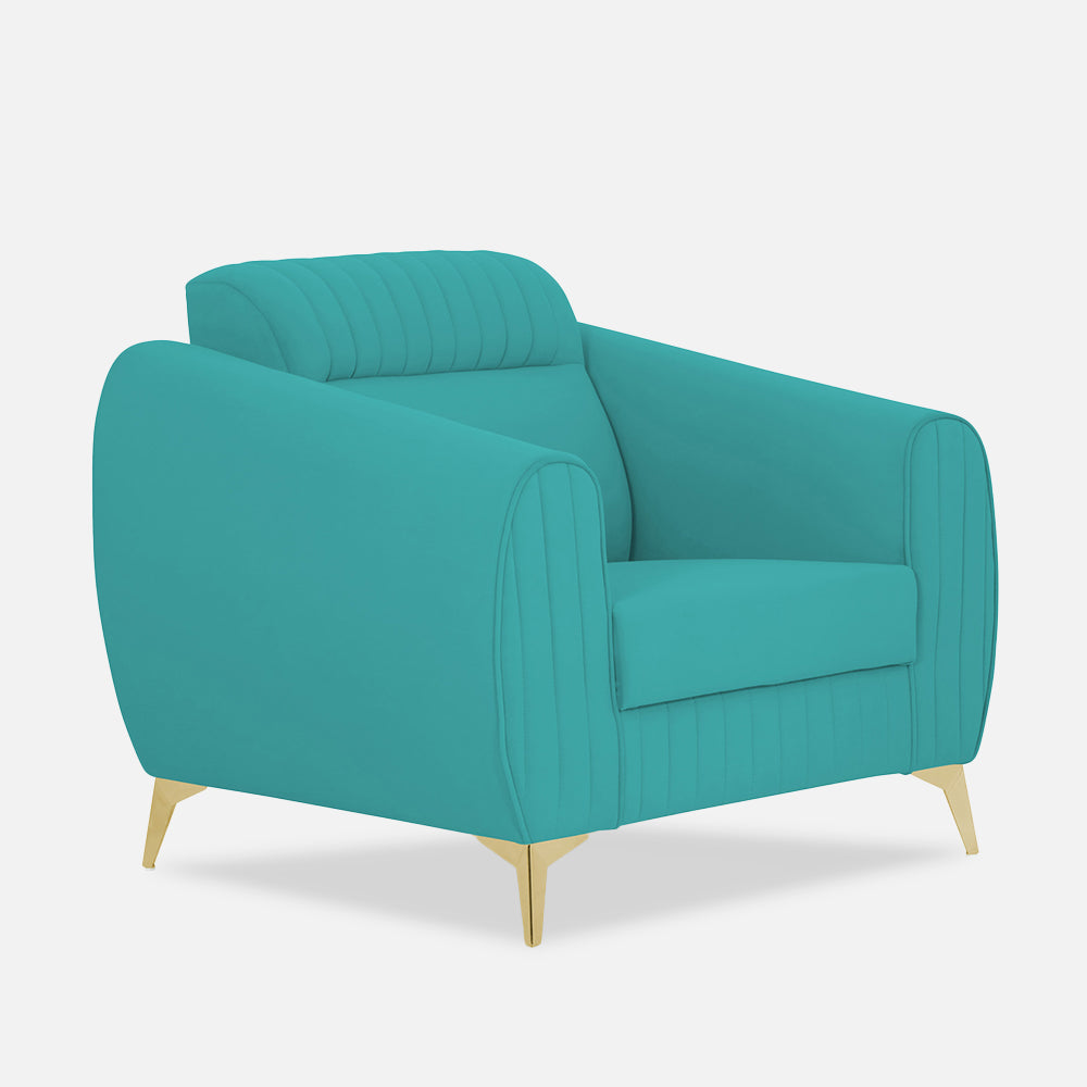 Adorn India Premium Valentino 1 Seater Sofa | Velvet Suede Fabric | 3-Year Warranty | Color Aqua Blue with Golden Legs & Striped Pattern Cushion