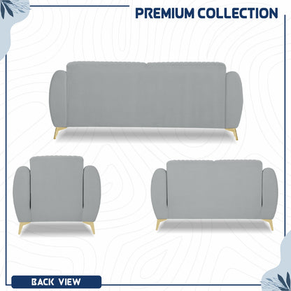 Adorn India Premium Valentino 3-2-1 Sofa Set | Velvet Suede Fabric | 3-Year Warranty | Color Grey with Golden Legs & Striped Pattern Cushion