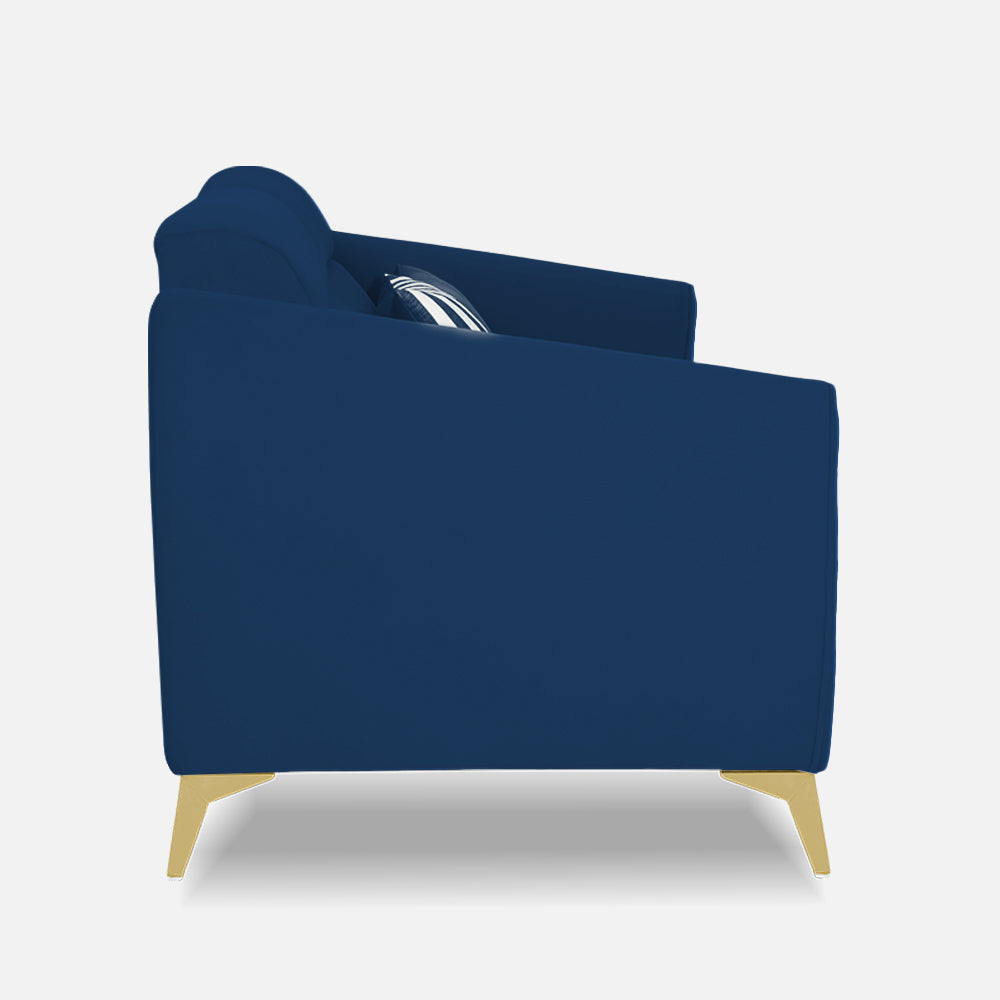 Adorn India Premium Valentino 3 Seater Sofa | Velvet Suede Fabric | 3-Year Warranty | Color Blue with Golden Legs & Striped Pattern Cushion