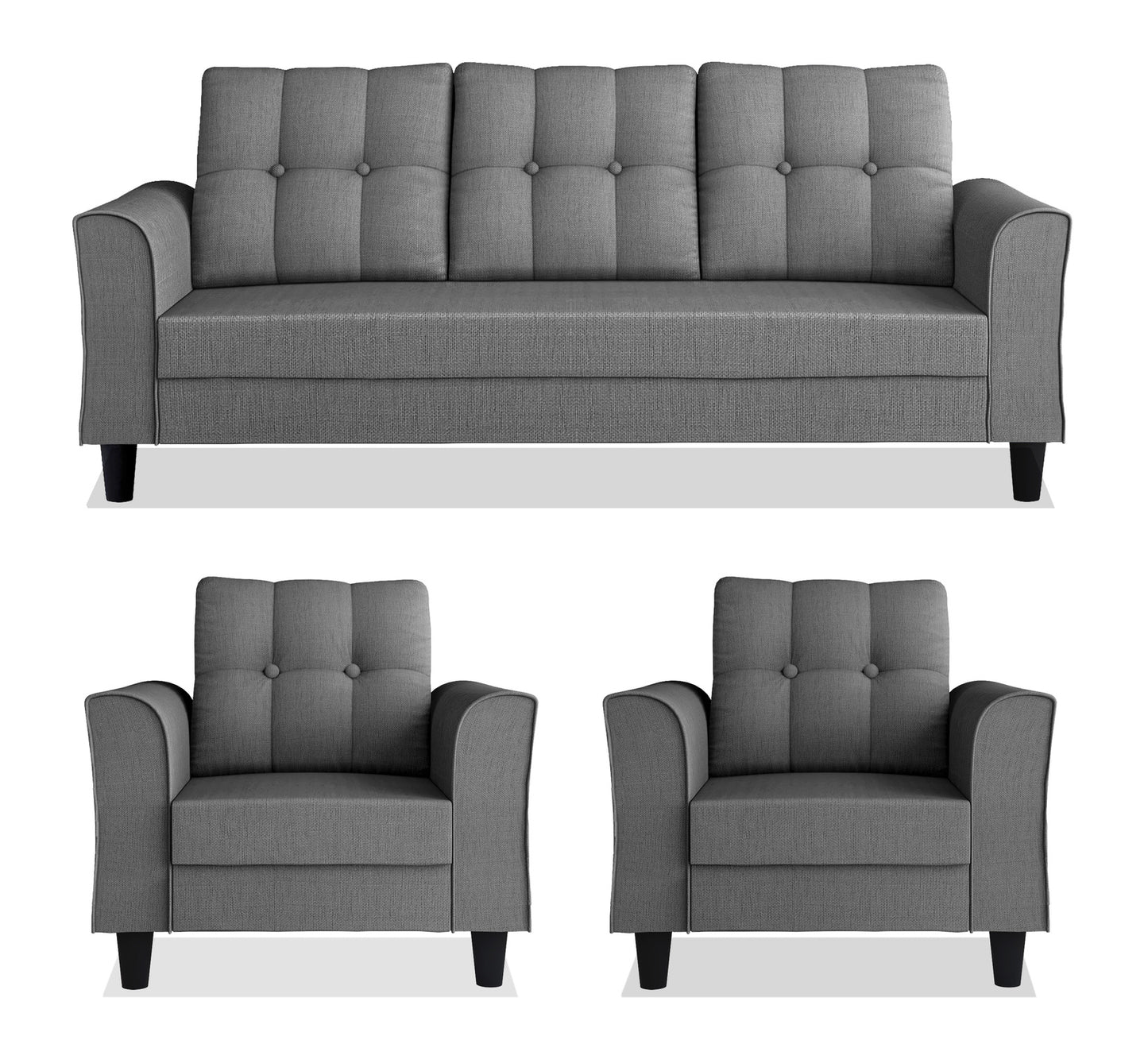 Adorn India Maddox Tufted 3-1-1 5 Seater Wood Sofa Set (Grey) (3 Year Warranty)