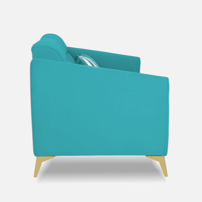 Adorn India Premium Valentino 3 Seater Sofa | Velvet Suede Fabric | 3-Year Warranty | Color Aqua Blue with Golden Legs & Striped Pattern Cushion