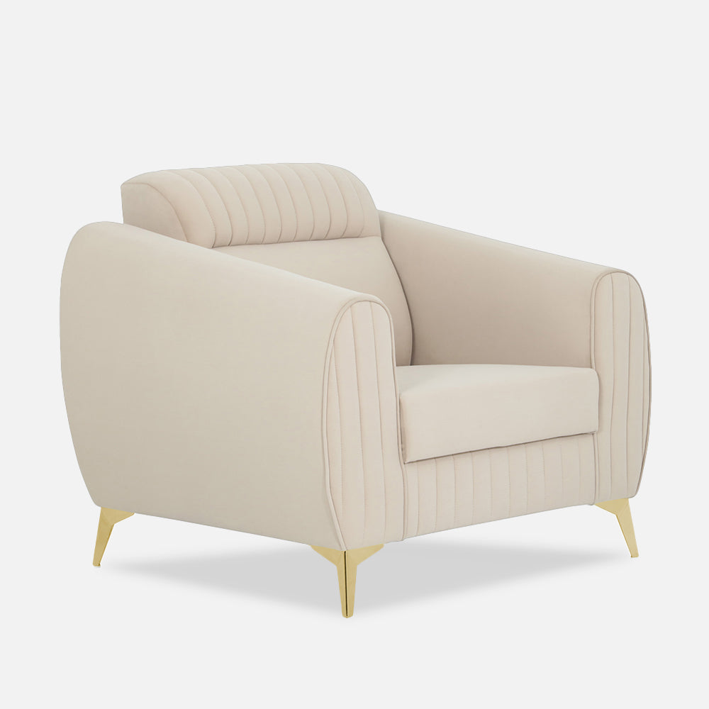 Adorn India Premium Valentino 1 Seater Sofa | Velvet Suede Fabric | 3-Year Warranty | Color Beige with Golden Legs & Striped Pattern Cushion