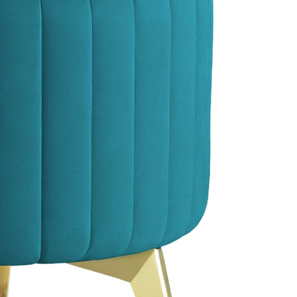 Adorn India Olivia Round 1 Seater Ottoman Pouffe Striped Pattern with Velvet Suede Fabric (Aqua Blue)