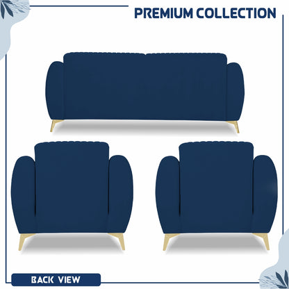 Adorn India Premium Valentino 3-1-1 Sofa Set | Velvet Suede Fabric | 3-Year Warranty | Color Blue with Golden Legs & Striped Pattern Cushion