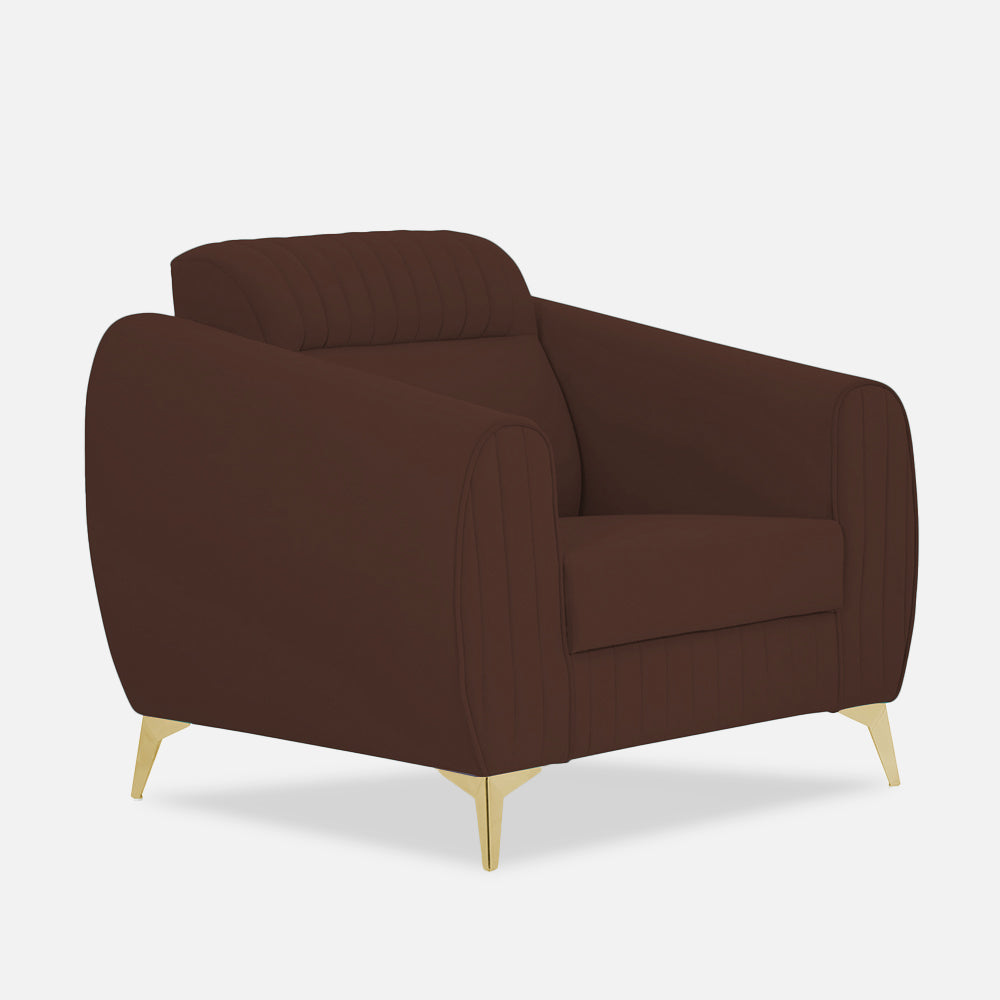 Adorn India Premium Valentino 1 Seater Sofa | Velvet Suede Fabric | 3-Year Warranty | Color Brown with Golden Legs & Striped Pattern Cushion