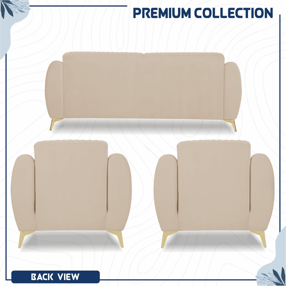Adorn India Premium Valentino 3-1-1 Sofa Set | Velvet Suede Fabric | 3-Year Warranty | Color Beige with Golden Legs & Striped Pattern Cushion
