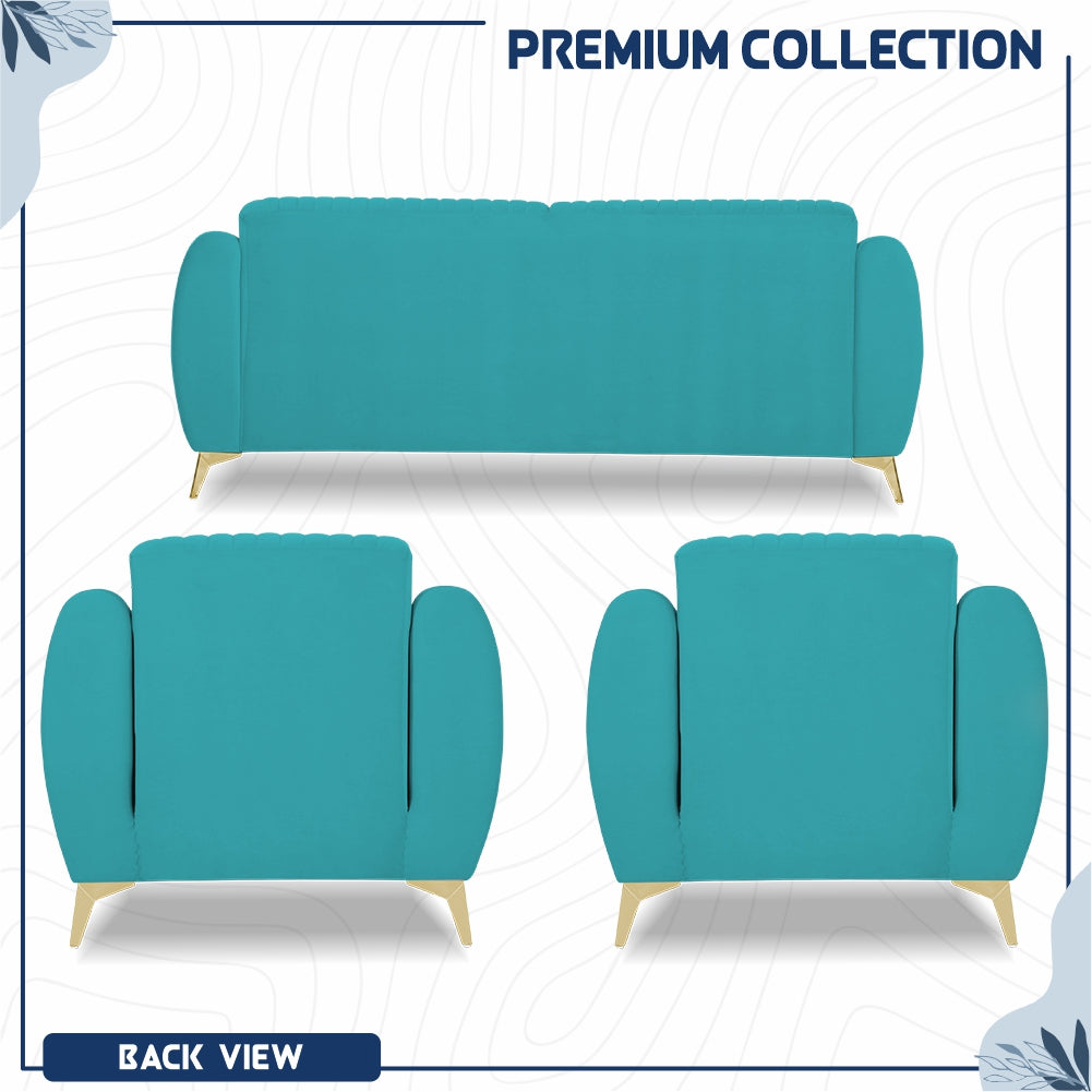 Adorn India Premium Valentino 3-1-1 Sofa Set | Velvet Suede Fabric | 3-Year Warranty | Color Aqua Blue with Golden Legs & Striped Pattern Cushion