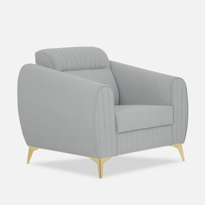 Adorn India Premium Valentino 1 Seater Sofa | Velvet Suede Fabric | 3-Year Warranty | Color Grey with Golden Legs & Striped Pattern Cushion