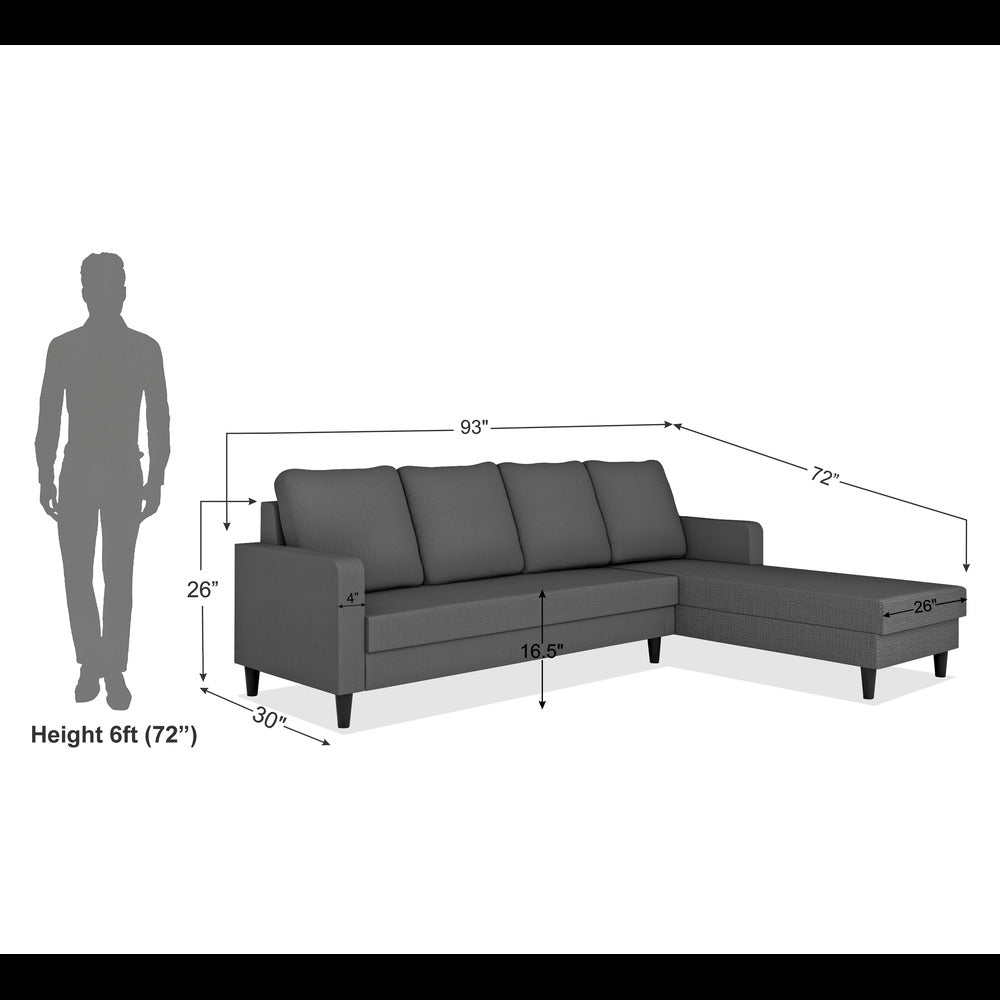 Adorn India Chandler Plain L Shape 6 Seater Sofa Set RHS (Grey) (3 Year Warranty)