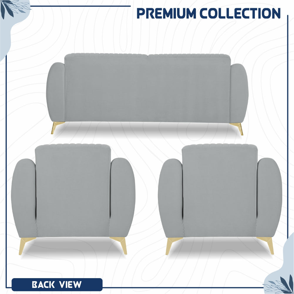 Adorn India Premium Valentino 3-1-1 Sofa Set | Velvet Suede Fabric | 3-Year Warranty | Color Grey with Golden Legs & Striped Pattern Cushion