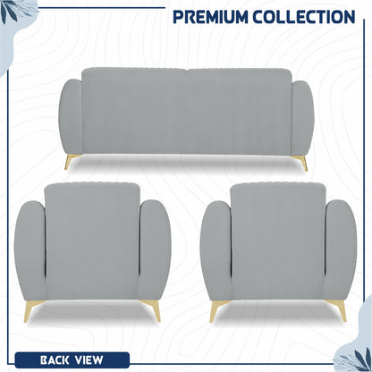 Adorn India Premium Valentino 3-1-1 Sofa Set | Velvet Suede Fabric | 3-Year Warranty | Color Grey with Golden Legs & Striped Pattern Cushion