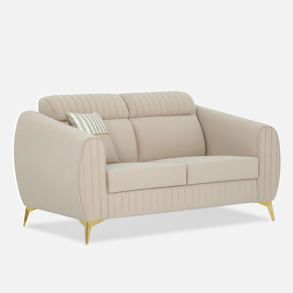 Adorn India Premium Valentino 2 Seater Sofa | Velvet Suede Fabric | 3-Year Warranty | Color Beige with Golden Legs & Striped Pattern Cushion