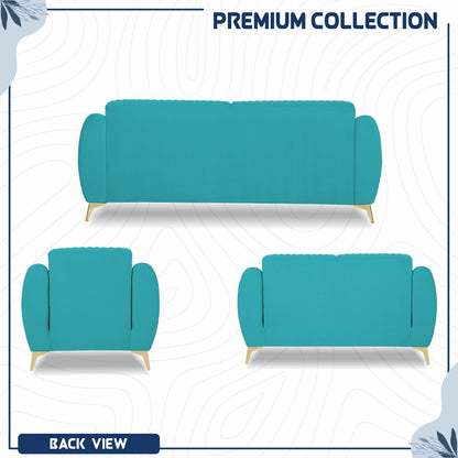 Adorn India Premium Valentino 3-2-1 Sofa Set | Velvet Suede Fabric | 3-Year Warranty | Color Aqua Blue with Golden Legs & Striped Pattern Cushion