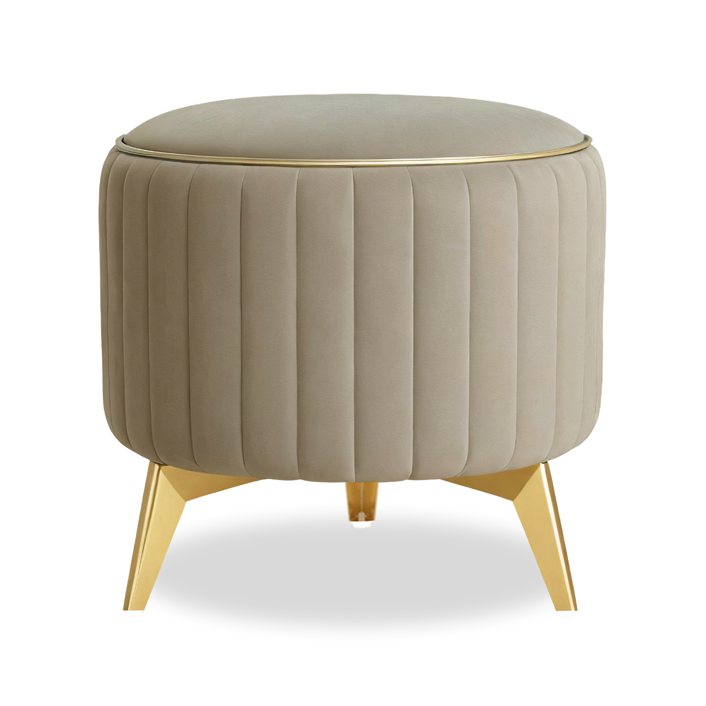 Adorn India Olivia Round 1 Seater Ottoman Pouffe Striped Pattern with Velvet Suede Fabric (Beige)