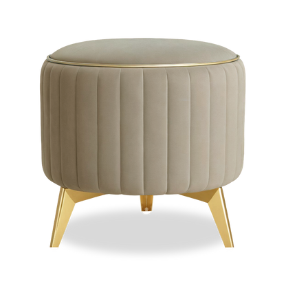 Adorn India Olivia Round 1 Seater Ottoman Pouffe Striped Pattern with Velvet Suede Fabric (Beige)