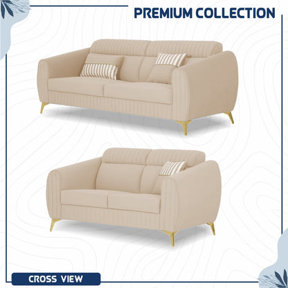 Adorn India Premium Valentino 3-2 Sofa Set | Velvet Suede Fabric | 3-Year Warranty | Color Beige with Golden Legs & Striped Pattern Cushion