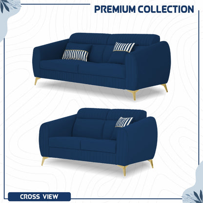 Adorn India Premium Valentino 3-2 Sofa Set | Velvet Suede Fabric | 3-Year Warranty | Color Blue with Golden Legs & Striped Pattern Cushion