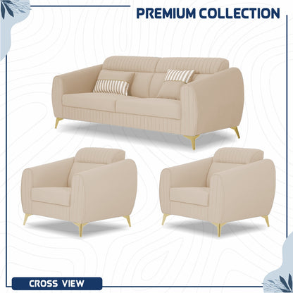 Adorn India Premium Valentino 3-1-1 Sofa Set | Velvet Suede Fabric | 3-Year Warranty | Color Beige with Golden Legs & Striped Pattern Cushion