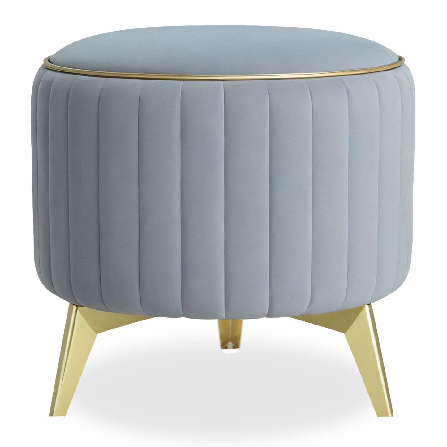 Adorn India Olivia Round 1 Seater Ottoman Pouffe Striped Pattern with Velvet Suede Fabric (Grey)