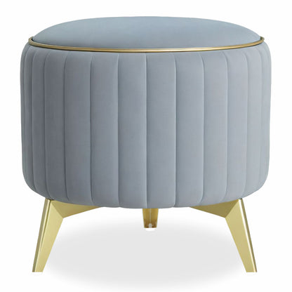 Adorn India Olivia Round 1 Seater Ottoman Pouffe Striped Pattern with Velvet Suede Fabric (Grey)