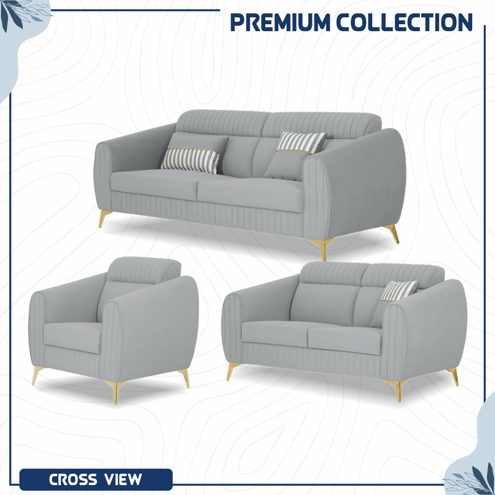 Adorn India Premium Valentino 3-2-1 Sofa Set | Velvet Suede Fabric | 3-Year Warranty | Color Grey with Golden Legs & Striped Pattern Cushion