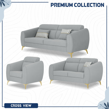 Adorn India Premium Valentino 3-2-1 Sofa Set | Velvet Suede Fabric | 3-Year Warranty | Color Grey with Golden Legs & Striped Pattern Cushion