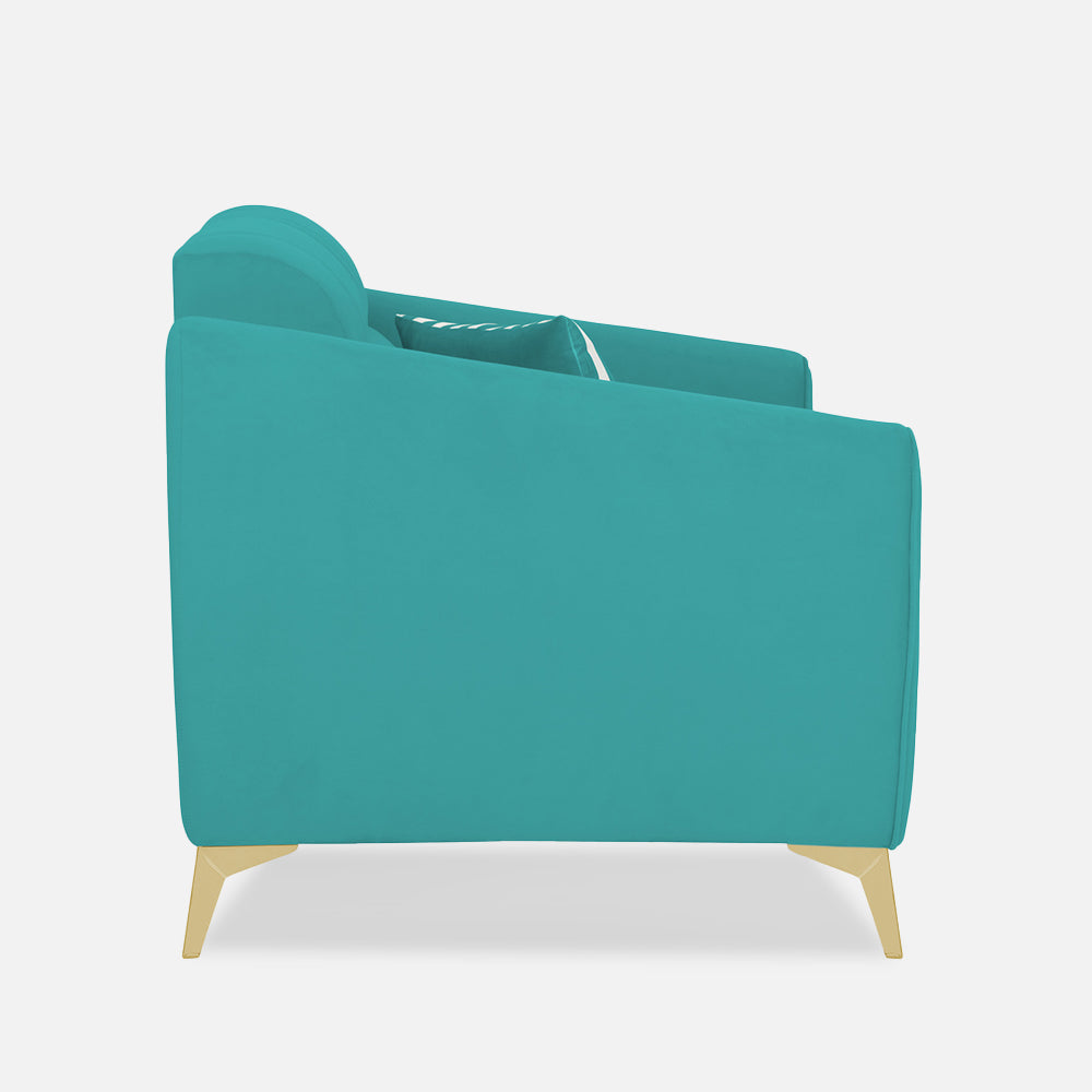 Adorn India Premium Valentino 2 Seater Sofa | Velvet Suede Fabric | 3-Year Warranty | Color Aqua Blue with Golden Legs & Striped Pattern Cushion