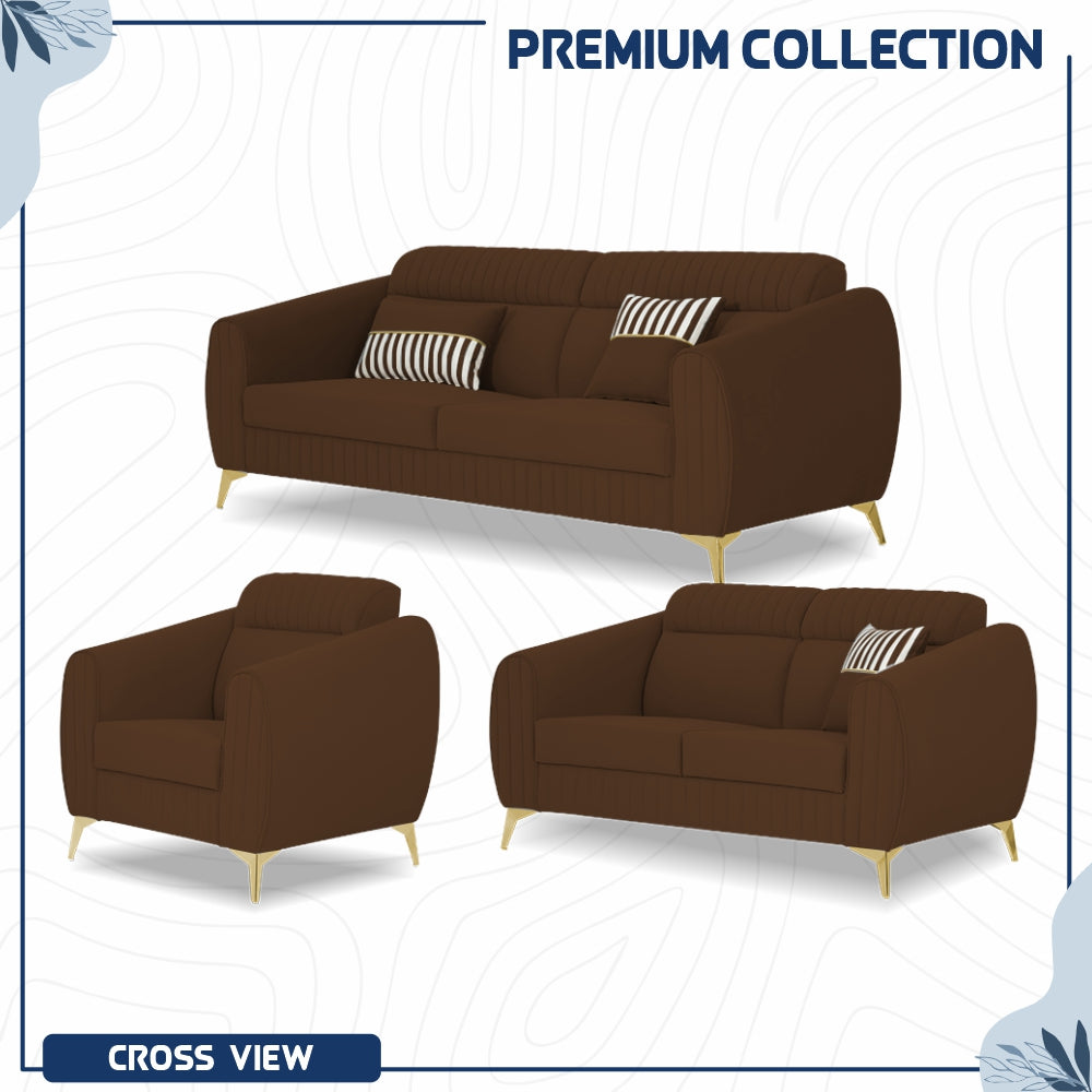Adorn India Premium Valentino 3-2-1 Sofa Set | Velvet Suede Fabric | 3-Year Warranty | Color Brown with Golden Legs & Striped Pattern Cushion