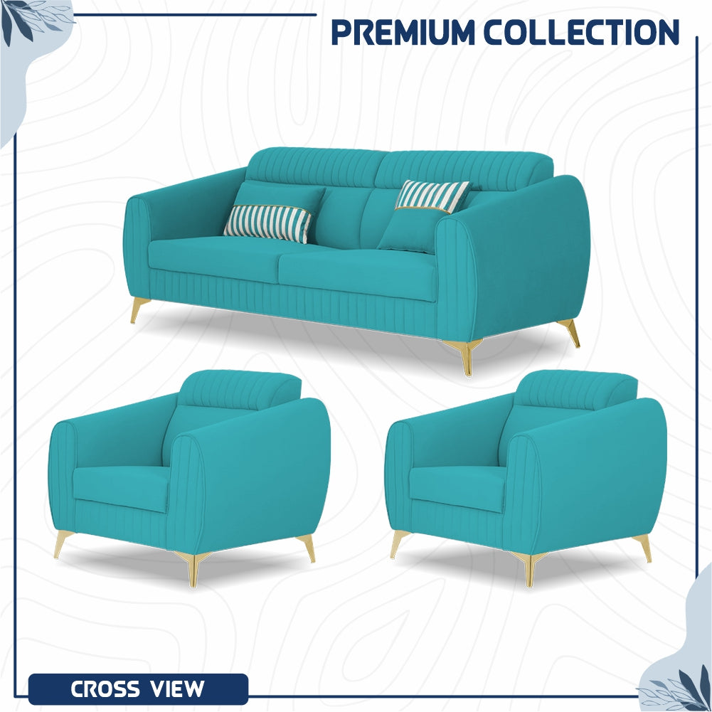 Adorn India Premium Valentino 3-1-1 Sofa Set | Velvet Suede Fabric | 3-Year Warranty | Color Aqua Blue with Golden Legs & Striped Pattern Cushion