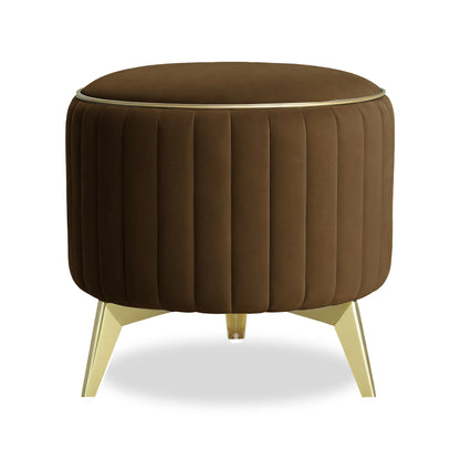 Adorn India Olivia Round 1 Seater Ottoman Pouffe Striped Pattern with Velvet Suede Fabric (Brown)