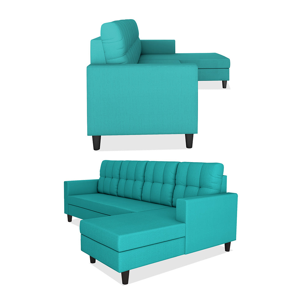 Adorn India Darcy L Shape 8 Seater Sofa Set with Center Table and 2 Ottoman Puffy (RHS) (Aqua Blue) (3 Year Warranty)