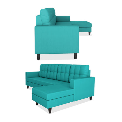 Adorn India Darcy L Shape 8 Seater Sofa Set with Center Table and 2 Ottoman Puffy (RHS) (Aqua Blue) (3 Year Warranty)