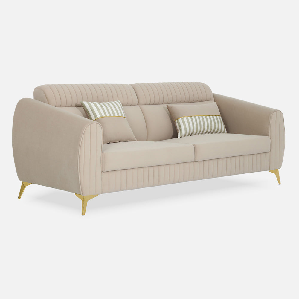 Adorn India Premium Valentino 3 Seater Sofa | Velvet Suede Fabric | 3-Year Warranty | Color Beige with Golden Legs & Striped Pattern Cushion