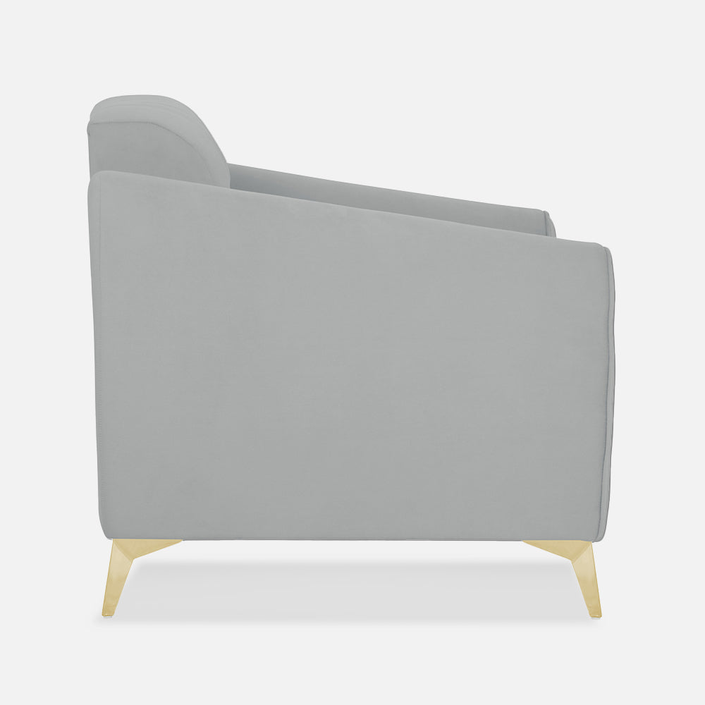 Adorn India Premium Valentino 1 Seater Sofa | Velvet Suede Fabric | 3-Year Warranty | Color Grey with Golden Legs & Striped Pattern Cushion