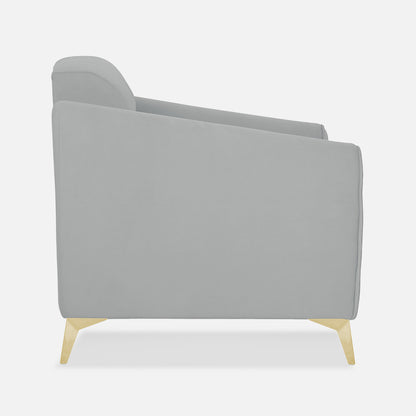 Adorn India Premium Valentino 1 Seater Sofa | Velvet Suede Fabric | 3-Year Warranty | Color Grey with Golden Legs & Striped Pattern Cushion