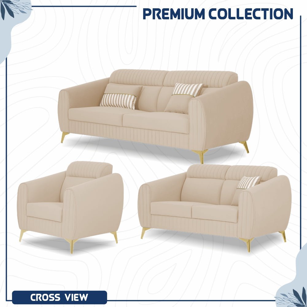 Adorn India Premium Valentino 3-2-1 Sofa Set | Velvet Suede Fabric | 3-Year Warranty | Color Beige with Golden Legs & Striped Pattern Cushion