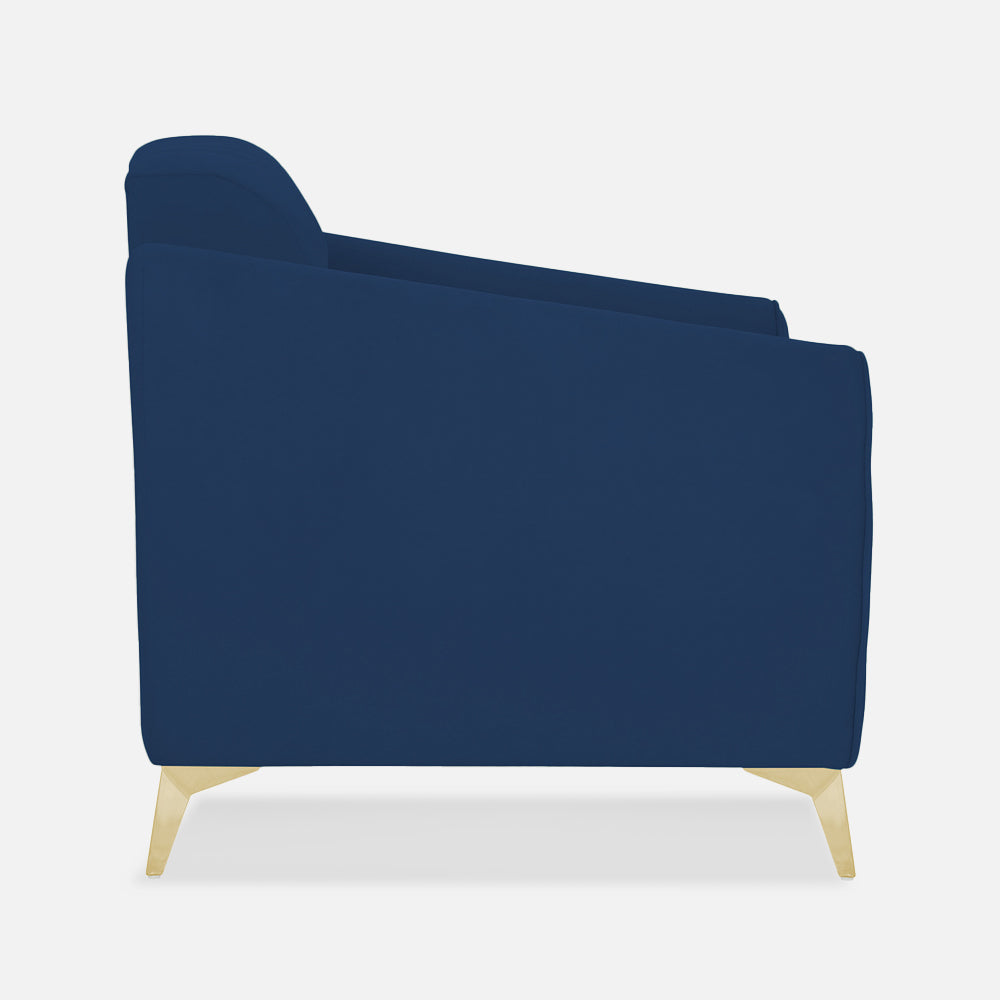 Adorn India Premium Valentino 1 Seater Sofa | Velvet Suede Fabric | 3-Year Warranty | Color Blue with Golden Legs & Striped Pattern Cushion