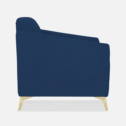 Adorn India Premium Valentino 1 Seater Sofa | Velvet Suede Fabric | 3-Year Warranty | Color Blue with Golden Legs & Striped Pattern Cushion