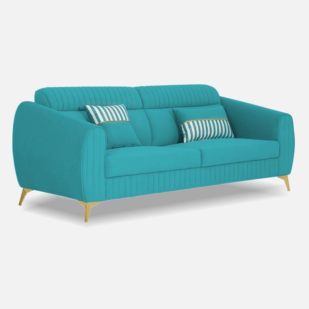 Adorn India Premium Valentino 3 Seater Sofa | Velvet Suede Fabric | 3-Year Warranty | Color Aqua Blue with Golden Legs & Striped Pattern Cushion