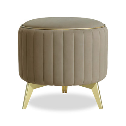 Adorn India Olivia Round 1 Seater Ottoman Pouffe Striped Pattern with Velvet Suede Fabric (Beige)