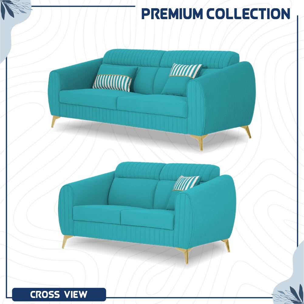 Adorn India Premium Valentino 3-2 Sofa Set | Velvet Suede Fabric | 3-Year Warranty | Color Aqua Blue with Golden Legs & Striped Pattern Cushion