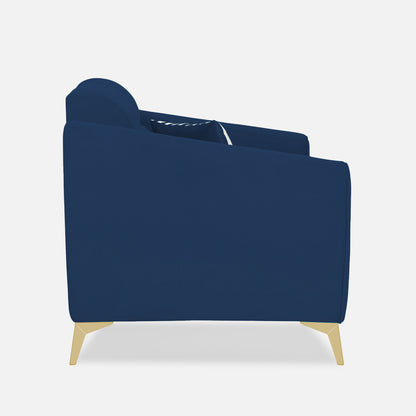 Adorn India Premium Valentino 2 Seater Sofa | Velvet Suede Fabric | 3-Year Warranty | Color Blue with Golden Legs & Striped Pattern Cushion
